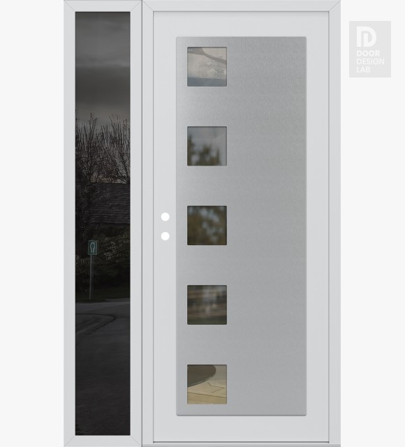Modern Steel Front Door Diamond C5 48" x 80" white/white clear Glass Panel stainless steel RHI with Sidelite mirrored Glass