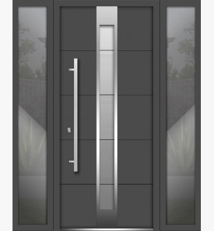 Front Exterior Prehung Steel Door / Deux 1717 Gray Graphite / Stainless Inserts Single Modern Painted-W60" x H80"-Right-hand Inswing