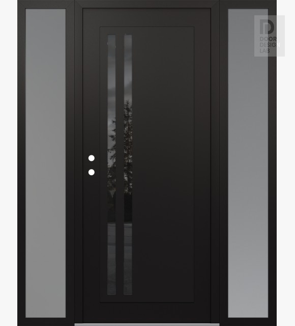 Modern Steel Front Door Diamond C6 60" x 80" black/black mirrored Glass Panel black RHI with 2 Sidelites frosted Glass