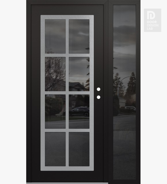 Modern Steel Front Door Diamond C16 52" x 80" black/black mirrored Glass Panel stainless steel LHI with Sidelite mirrored Glass