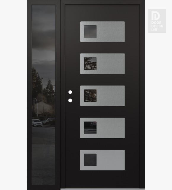 Modern Steel Front Door Diamond D2 50" x 80" black/black mirrored Glass Panel stainless steel RHI with Sidelite mirrored Glass
