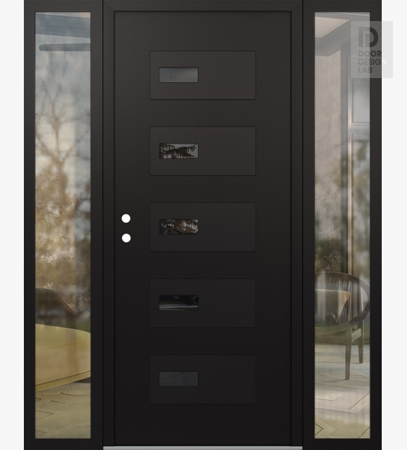 Modern Steel Front Door Diamond D7 68" x 80" black/black mirrored Glass Panel black RHI with 2 Sidelites clear Glass