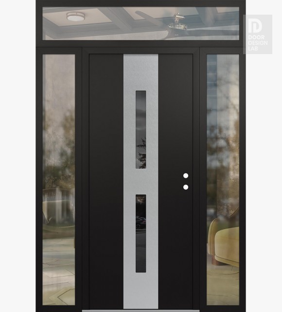 Modern Steel Front Door DIAMOND A6 60" X 96" BLACK/BLACK MIRRORED GLASS PANEL STAINLESS STEEL LHI WITH 2 SIDELITES AND TRANSOM CLEAR GLASS
