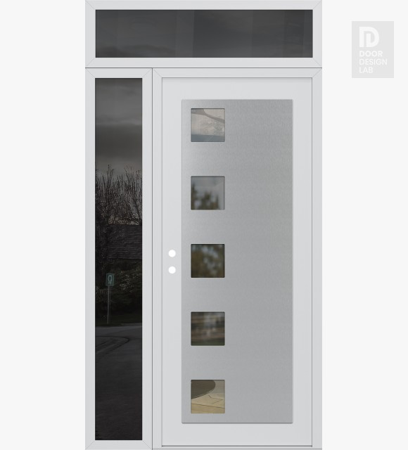 Modern Steel Front Door Diamond C5 50" x 96" white/white clear Glass Panel stainless steel RHI with Sidelite and Transom mirrored Glass