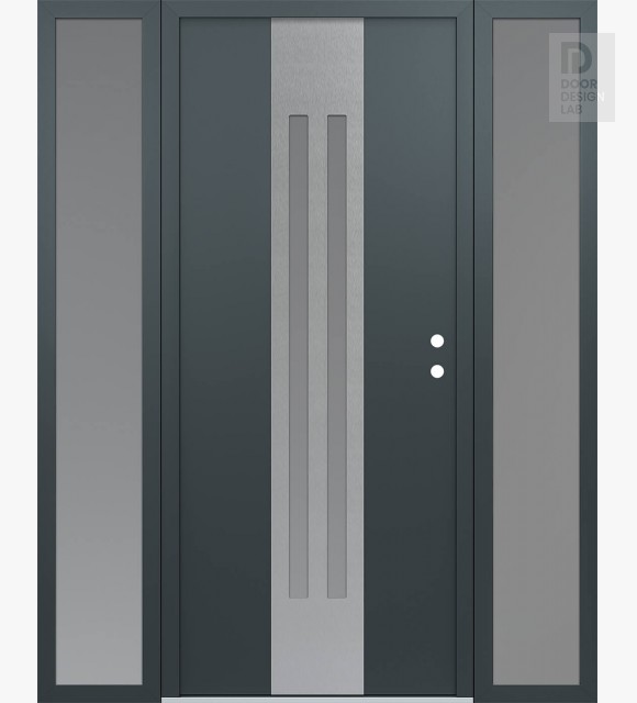 Modern Steel Front Door DIAMOND A8 60" X 80" ANTHRACITE/ANTHRACITE FROSTED GLASS PANEL STAINLESS STEEL LHI WITH 2 SIDELITES FROSTED GLASS