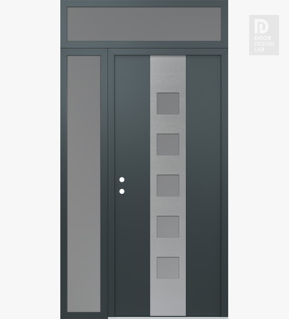 Modern Steel Front Door DIAMOND A13 52" X 96" ANTHRACITE/ANTHRACITE FROSTED GLASS PANEL STAINLESS STEEL RHI WITH SIDELITE AND TRANSOM FROSTED GLASS