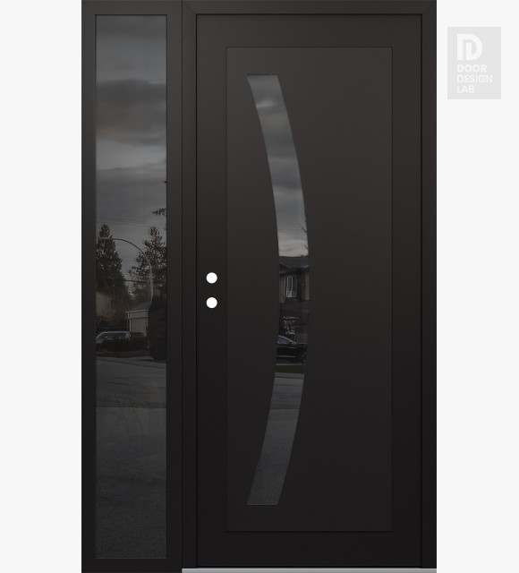 Modern Steel Front Door Diamond C4 50" x 80" black/black mirrored Glass Panel black RHI with Sidelite mirrored Glass
