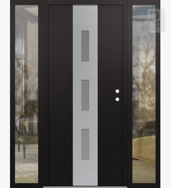 Modern Steel Front Door DIAMOND A7 60" X 80" BLACK/WHITE FROSTED GLASS PANEL STAINLESS STEEL LHI WITH 2 SIDELITES CLEAR GLASS