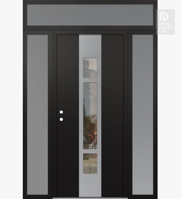 Modern Steel Front Door DIAMOND A9 64" X 96" BLACK/BLACK CLEAR GLASS PANEL STAINLESS STEEL RHI WITH 2 SIDELITES AND TRANSOM FROSTED GLASS