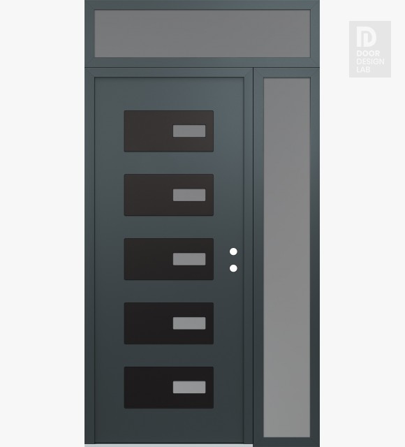 Modern Steel Front Door Diamond D7 52" x 96" anthracite/anthracite frosted Glass Panel black LHI with Sidelite and Transom frosted Glass