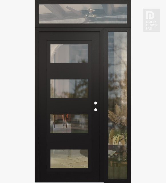 Modern Steel Front Door Diamond C2 48" x 96" black/black clear Glass Panel black LHI with Sidelite and Transom clear Glass