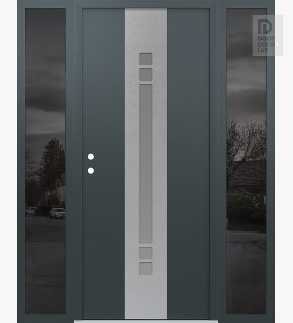 Modern Steel Front Door DIAMOND A4 68" X 80" ANTHRACITE/ANTHRACITE FROSTED GLASS PANEL STAINLESS STEEL RHI WITH 2 SIDELITES MIRRORED GLASS