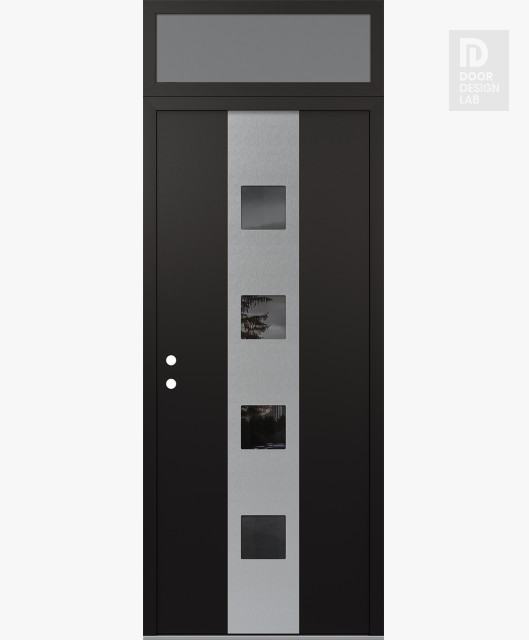 Modern Steel Front Door DIAMOND A12 36" X 96" BLACK/BLACK MIRRORED GLASS PANEL STAINLESS STEEL RHI WITH TRANSOM FROSTED GLASS