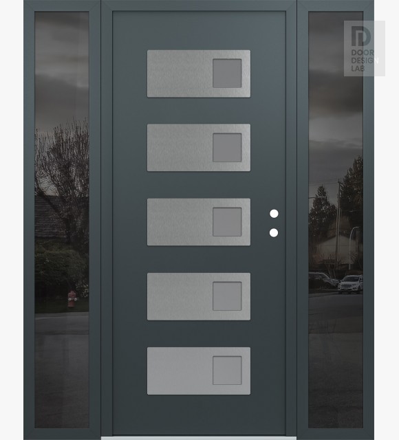 Modern Steel Front Door Diamond D2 68" x 80" anthracite/anthracite frosted Glass Panel stainless steel LHI with 2 Sidelites mirrored Glass