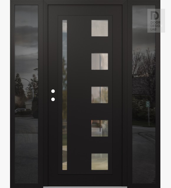 Modern Steel Front Door Diamond C3 64" x 80" black/black clear Glass Panel black RHI with 2 Sidelites mirrored Glass