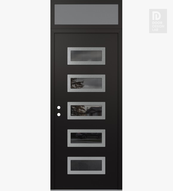 Modern Steel Front Door Diamond D1 36" x 96" black/black mirrored Glass Panel stainless steel RHI with Transom frosted Glass