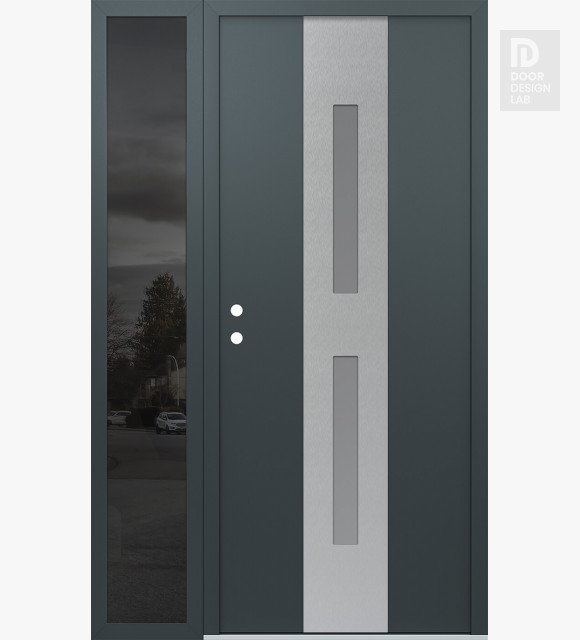 Modern Steel Front Door DIAMOND A6 48" X 80" ANTHRACITE/ANTHRACITE FROSTED GLASS PANEL STAINLESS STEEL RHI WITH SIDELITE MIRRORED GLASS