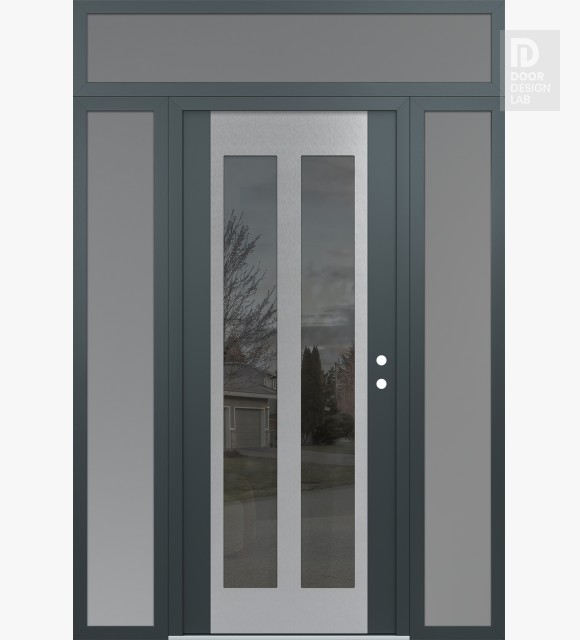 Modern Steel Front Door Diamond C14 68" x 96" anthracite/anthracite mirrored Glass Panel stainless steel LHI with 2 Sidelites and Transom frosted Glass