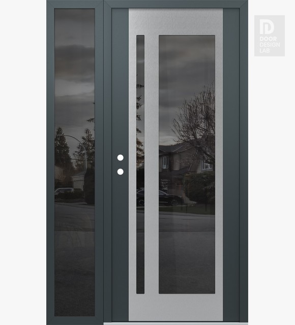 Modern Steel Front Door Diamond C15 50" x 80" anthracite/anthracite mirrored Glass Panel stainless steel RHI with Sidelite mirrored Glass