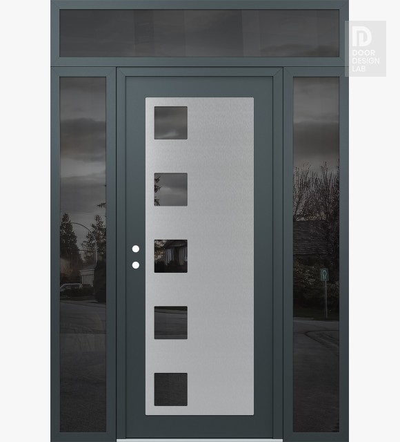 Modern Steel Front Door Diamond C5 64" x 96" anthracite/anthracite mirrored Glass Panel stainless steel RHI with 2 Sidelites and Transom mirrored Glass