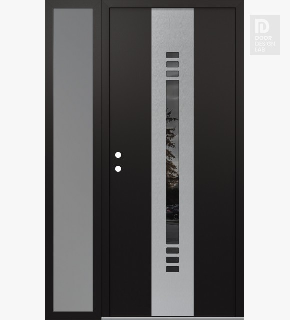 Modern Steel Front Door DIAMOND A5 52" X 80" BLACK/BLACK MIRRORED GLASS PANEL STAINLESS STEEL RHI WITH SIDELITE FROSTED GLASS