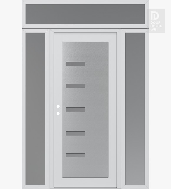 Modern Steel Front Door Diamond C8 68" x 96" white/white frosted Glass Panel stainless steel RHI with 2 Sidelites and Transom frosted Glass
