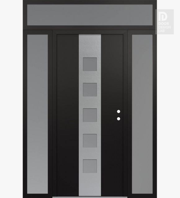 Modern Steel Front Door DIAMOND A13 64" X 96" BLACK/WHITE FROSTED GLASS PANEL STAINLESS STEEL LHI WITH 2 SIDELITES AND TRANSOM FROSTED GLASS