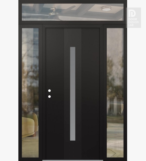 Modern Steel Front Door DIAMOND A2 60" X 96" BLACK/WHITE FROSTED GLASS PANEL BLACK RHI WITH 2 SIDELITES AND TRANSOM CLEAR GLASS