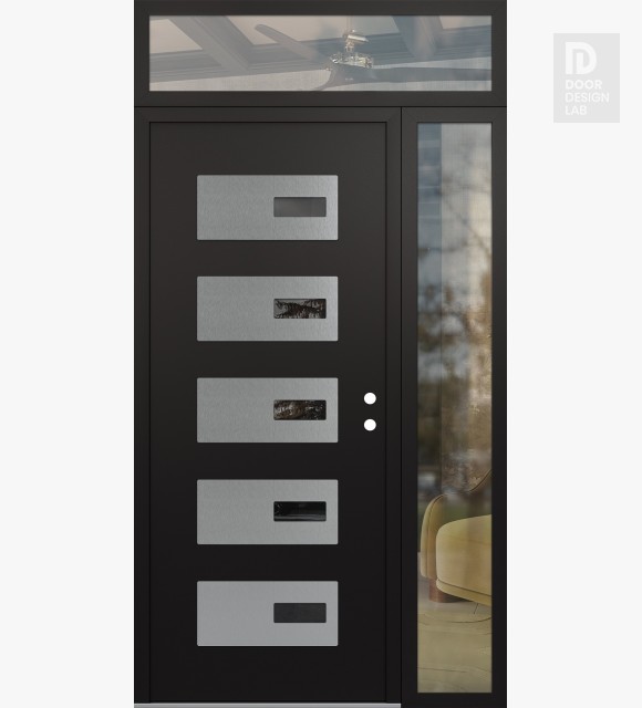 Modern Steel Front Door Diamond D7 52" x 96" black/black mirrored Glass Panel stainless steel LHI with Sidelite and Transom clear Glass