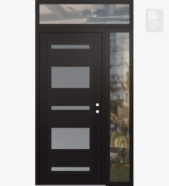 Modern Steel Front Door Diamond C10 48" x 96" black/white frosted Glass Panel black LHI with Sidelite and Transom clear Glass