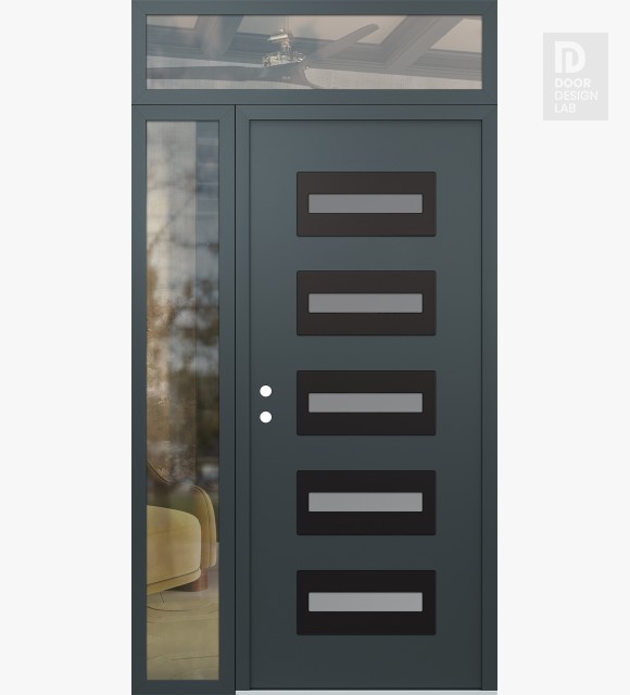 Modern Steel Front Door Diamond D4 50" x 96" anthracite/anthracite frosted Glass Panel black RHI with Sidelite and Transom clear Glass