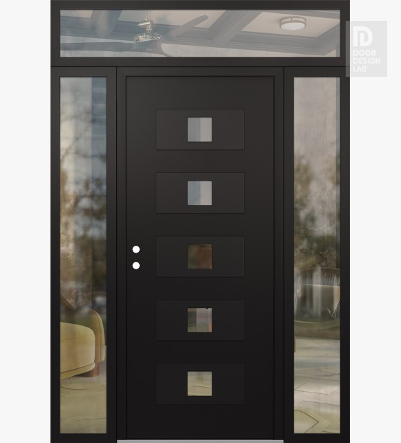 Modern Steel Front Door Diamond D8 64" x 96" black/black clear Glass Panel black RHI with 2 Sidelites and Transom clear Glass