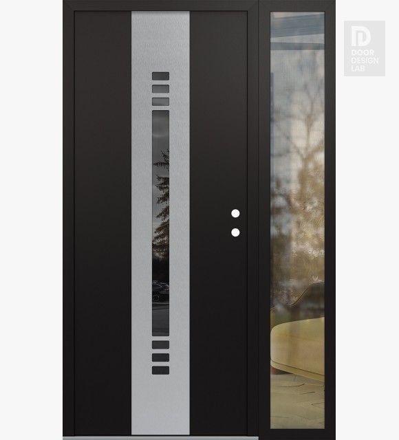 Modern Steel Front Door DIAMOND A5 52" X 80" BLACK/BLACK MIRRORED GLASS PANEL STAINLESS STEEL LHI WITH SIDELITE CLEAR GLASS