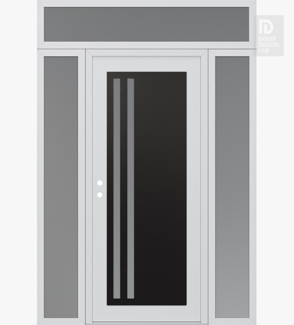 Modern Steel Front Door Diamond C6 68" x 96" white/white frosted Glass Panel black RHI with 2 Sidelites and Transom frosted Glass