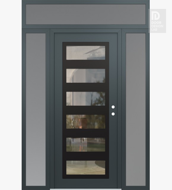 Modern Steel Front Door Diamond C9 64" x 96" anthracite/anthracite clear Glass Panel black LHI with 2 Sidelites and Transom frosted Glass