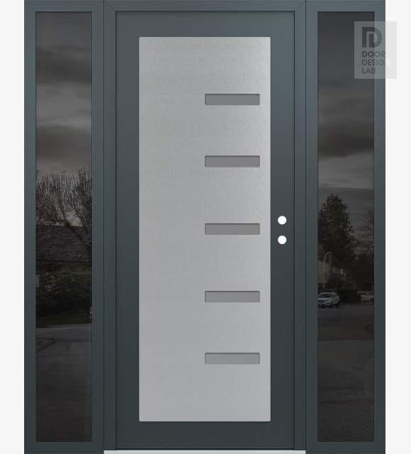 Modern Steel Front Door Diamond C8 60" x 80" anthracite/anthracite frosted Glass Panel stainless steel LHI with 2 Sidelites mirrored Glass