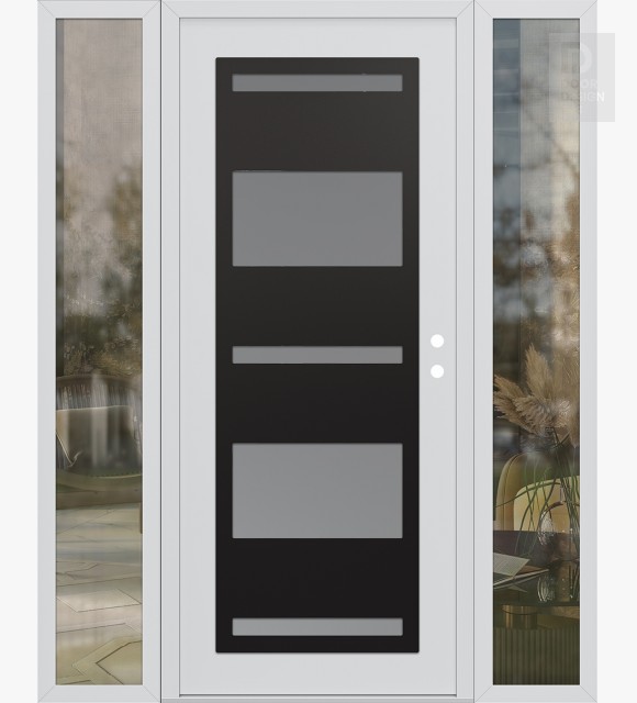 Modern Steel Front Door Diamond C10 68" x 80" white/white frosted Glass Panel black LHI with 2 Sidelites clear Glass