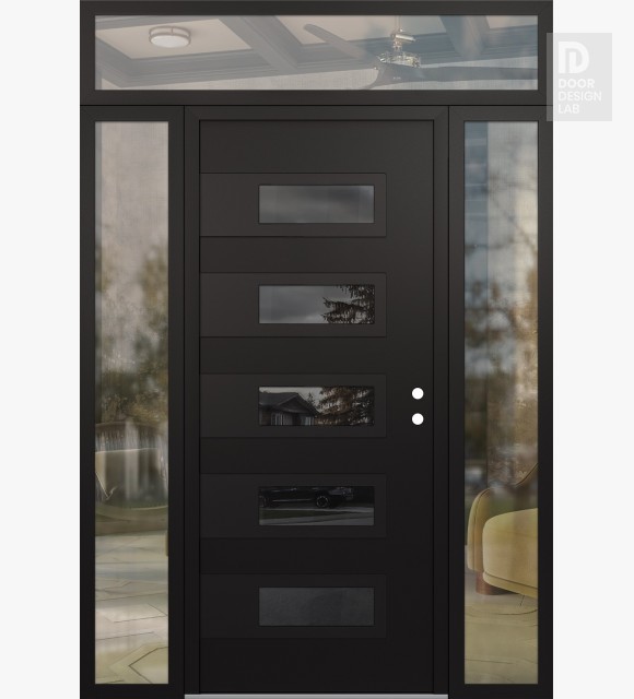 Modern Steel Front Door Diamond D3 68" x 96" black/black mirrored Glass Panel black LHI with 2 Sidelites and Transom clear Glass