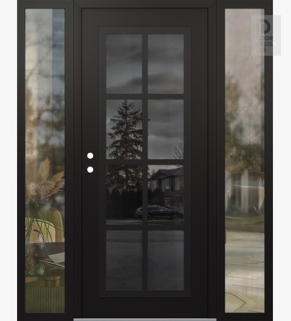 Modern Steel Front Door Diamond C16 68" x 80" black/black mirrored Glass Panel black RHI with 2 Sidelites clear Glass