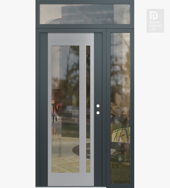 Modern Steel Front Door Diamond C15 50" x 96" anthracite/anthracite clear Glass Panel stainless steel LHI with Sidelite and Transom clear Glass