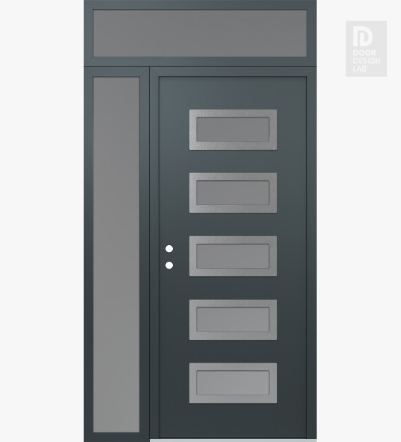 Modern Steel Front Door Diamond D1 50" x 96" anthracite/anthracite frosted Glass Panel stainless steel RHI with Sidelite and Transom frosted Glass