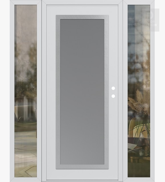 Modern Steel Front Door Diamond C1 64" x 80" white/white frosted Glass Panel stainless steel LHI with 2 Sidelites clear Glass