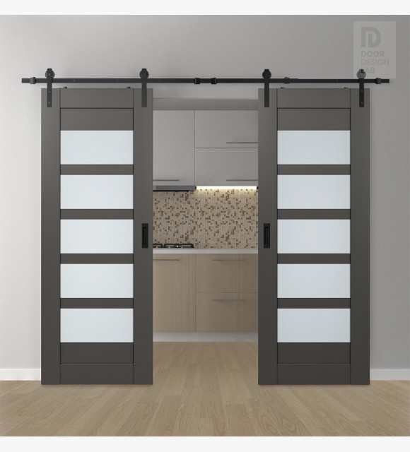 DOUBLE BARN DOOR AVON 07-07 VETRO GRAY MATTE 64" X 96" X 1 3/4" BLACK HARDWARE
