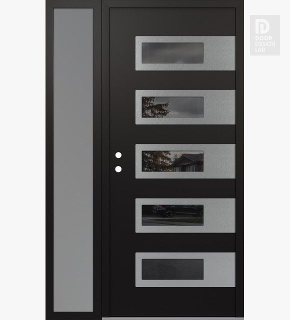 Modern Steel Front Door Diamond D3 50" x 80" black/black mirrored Glass Panel stainless steel RHI with Sidelite frosted Glass