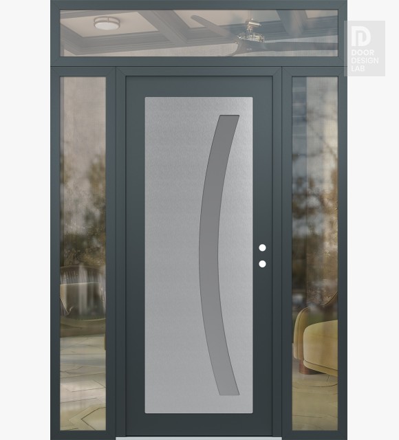 Modern Steel Front Door Diamond C4 60" x 96" anthracite/anthracite frosted Glass Panel stainless steel LHI with 2 Sidelites and Transom clear Glass