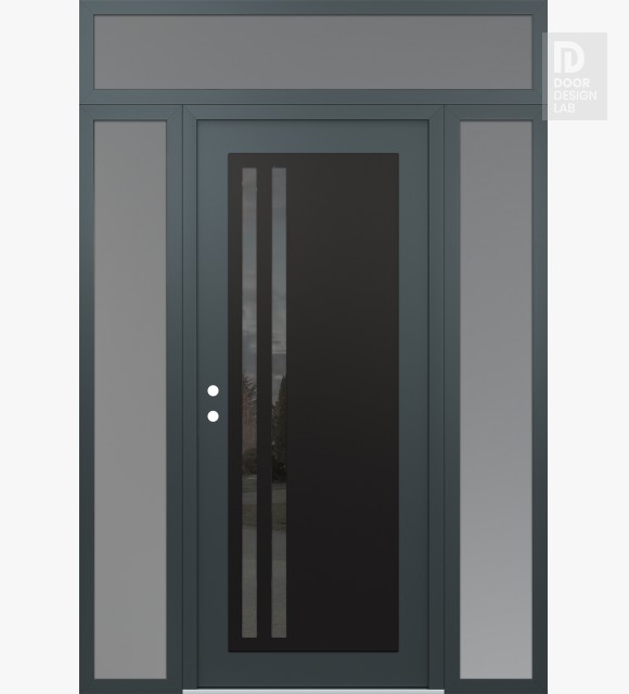 Modern Steel Front Door Diamond C6 60" x 96" anthracite/anthracite mirrored Glass Panel black RHI with 2 Sidelites and Transom frosted Glass