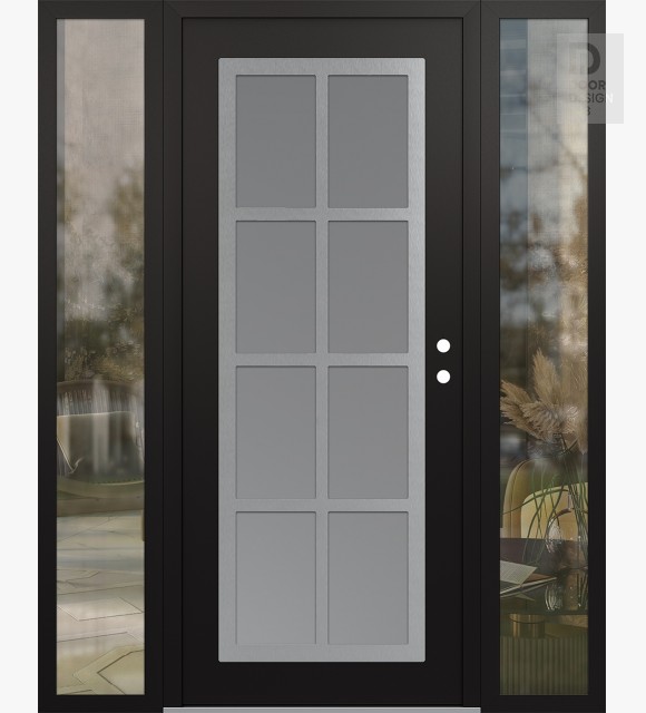 Modern Steel Front Door Diamond C16 64" x 80" black/white frosted Glass Panel stainless steel LHI with 2 Sidelites clear Glass