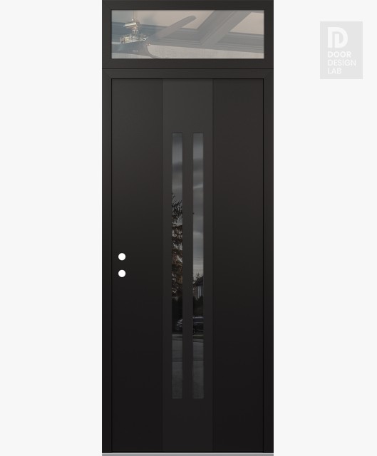 Modern Steel Front Door DIAMOND A8 36" X 96" BLACK/BLACK MIRRORED GLASS PANEL BLACK RHI WITH TRANSOM CLEAR GLASS