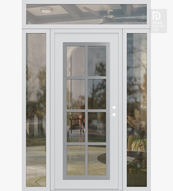 Modern Steel Front Door Diamond C16 60" x 96" white/white clear Glass Panel stainless steel LHI with 2 Sidelites and Transom clear Glass