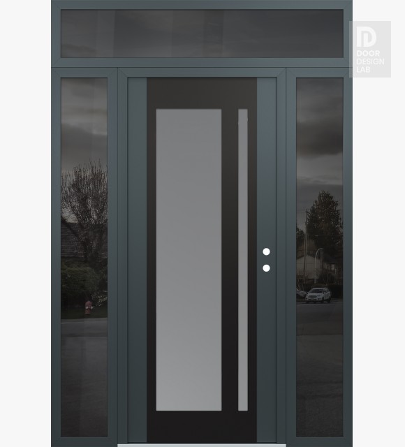 Modern Steel Front Door Diamond C15 64" x 96" anthracite/anthracite frosted Glass Panel black LHI with 2 Sidelites and Transom mirrored Glass